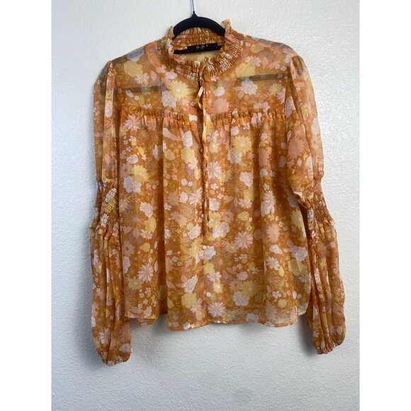 O.P.T Womens Top size Large Blouse Sheer Top Orange Floral Boho festival Preppy‎ - Picture 1 of 13